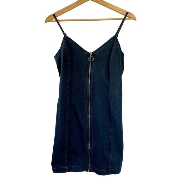 Iris blue denim minidress women's size L full zip front spaghetti straps - Picture 1 of 8